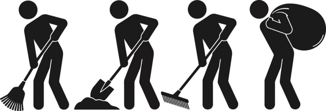 Four black stick figures demonstrate different manual labor tasks against a clean white backdrop