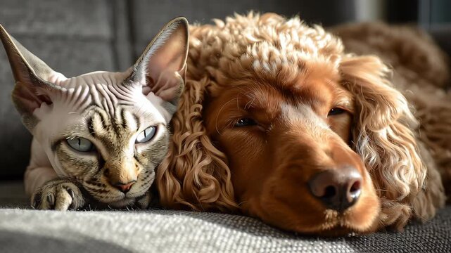 A cat and a dog are laying on a couch together. The cat is looking at the camera with a blue eye. Smooth relaxing environment with a Devon Rex Cat and Cocker Spaniel Dog, cat and dog minimalist scene