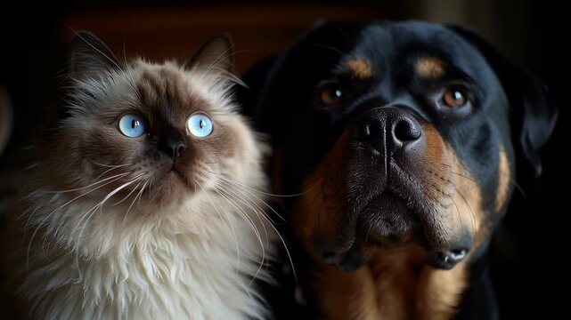 A cat and a dog are standing next to each other. The cat is white and the dog is black and brown. Soft diffused brightness featuring a Birman Cat and Rottweiler Dog, cat and dog minimalist scene