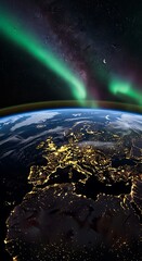 A spectacular view of the Earth, illuminated by city lights, with auroras and the Milky Way stretching across the inky blackness of space.