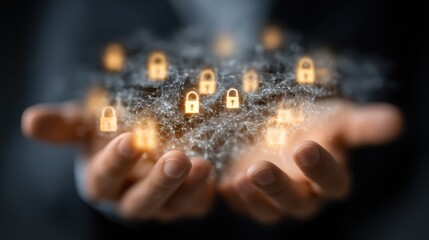 A pair of hands holds a digital network represented by glowing padlocks, symbolizing cybersecurity and data protection.