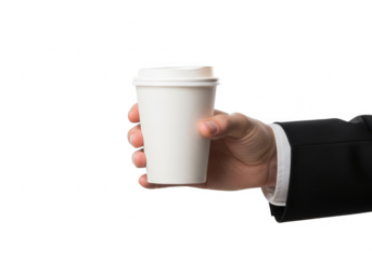 Hand in a suit holding a disposable coffee cup isolated on transparent background