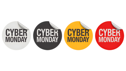 Colorful Cyber Monday sale stickers in various colors with bold text