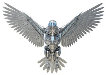 Mechanical marvel a robotic eagle with outstretched wings, isolated on white background, showcases intricate design and futuristic aesthetics