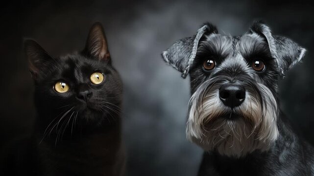 A black cat and a black dog are standing next to each other. The dog has a black nose. Soft gradient background highlighting a Bombay Cat and Miniature Schnauzer Dog, cat and dog minimalist scene