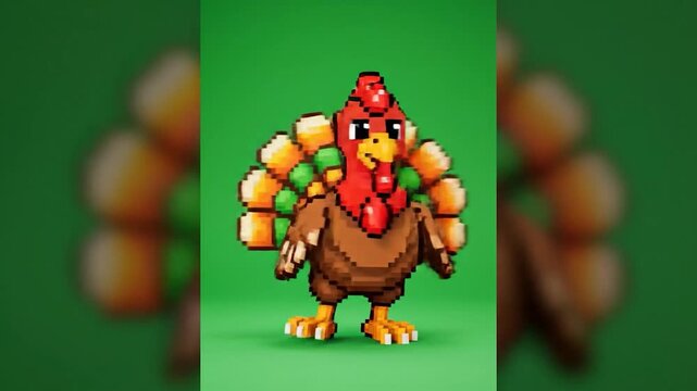 Pixelated turkey struts with a fan of candy corn feathers