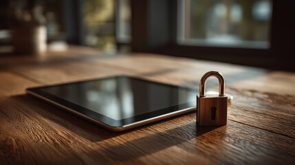 A padlock rests beside a tablet on a wooden table, symbolizing security and digital protection in a modern workspace.