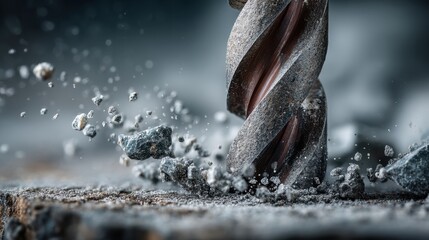 A close-up of a drill bit in action, creating sparks and debris as it drills into a surface, showcasing motion and craftsmanship.