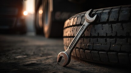 A close-up of a wrench resting on a tire, symbolizing automotive repair and maintenance in a garage setting during sunset.