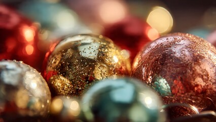 A shimmering collection of colorful Christmas baubles, richly textured with glitter, reflecting the soft, warm glow of festive bokeh lights, perfect for holiday cheer