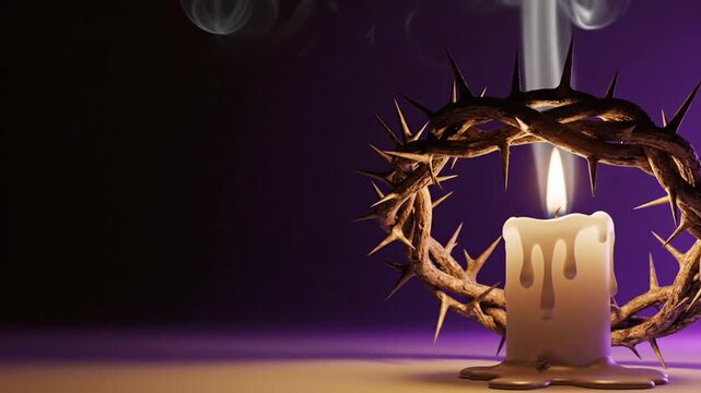 Good Friday Video Banner with Crown of Thorns, Soft Glow, Flickering Candle and Gentle Smoke