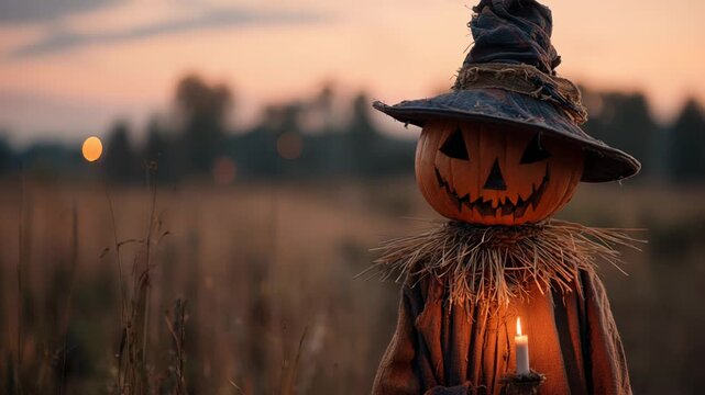 Pumpkin scarecrow glows in autumn field