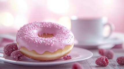 A delectable pink frosted donut with sprinkles sits on a white plate surrounded by sugared raspberries, with a blurred cup in the background