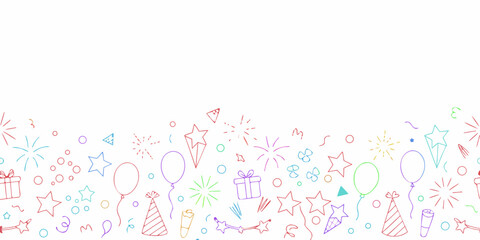 Colorful hand drawn party elements scattered across a clean white background