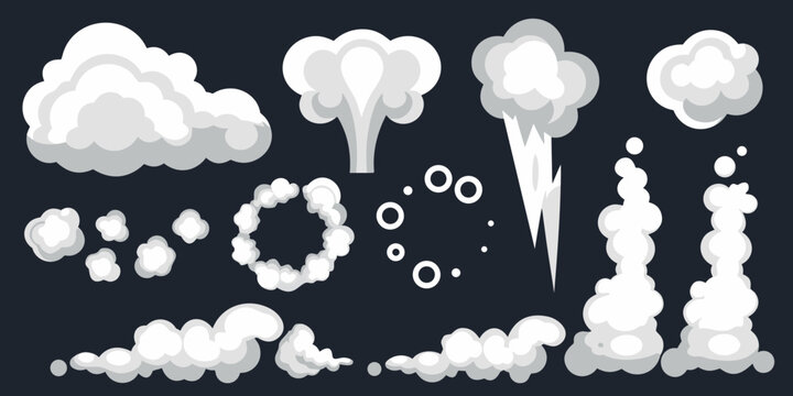 A collection of fluffy white cloud shapes and smoke explosion effects