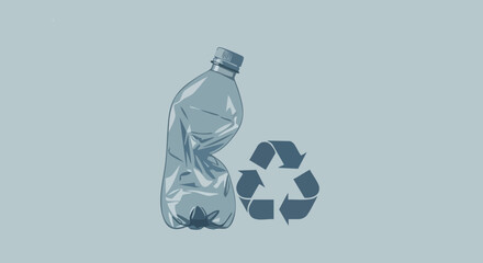 Crushed water bottle, crushed bottle illustration with plastic recycling symbol and eco waste concept, suitable for poster design, educational article header, and environmental product mockup.
