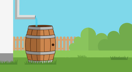 Rain barrel beside wooden shed, rainwater collecting barrel with backyard water storage and sustainable water reuse, suitable for poster design, article header, and eco-themed product mockup.