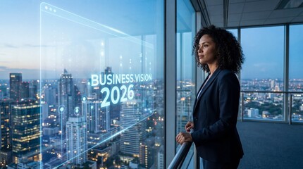 Confident Business Leader Overlooking City with 2026 Future Vision