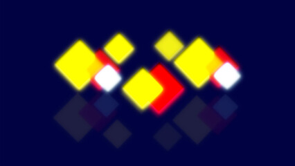 Bright glowing geometric squares in vivid yellow red and white forming a dynamic abstract digital pattern on a dark background