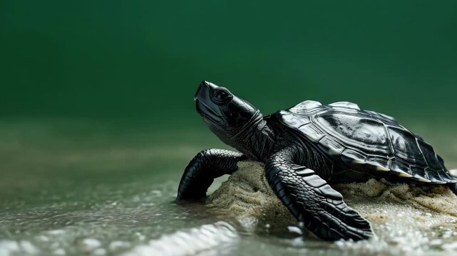 Baby sea turtle emerges from sand, heading towards ocean