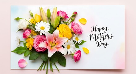 Colorful bouquet of fresh blooming flowers arranged artistically beside celebratory script greeting