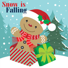 Christmas card with gingerbread man in the gift box