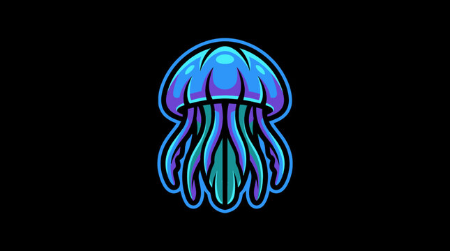 Vibrant neon jellyfish mascot logo illustration for esports gaming team emblem on black background