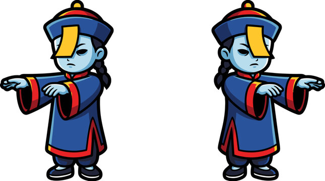 Cartoon illustration of two identical Jiangshi or Chinese hopping vampires in traditional attire