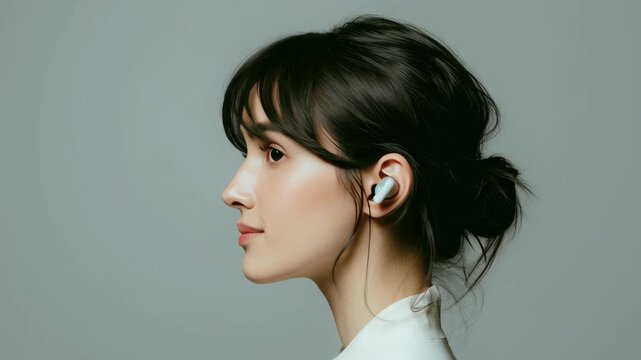 Side profile of person wearing discreet AI earpiece for mental wellness tracking, subtle cyber aesthetics, clean background, ai driven mental health tools