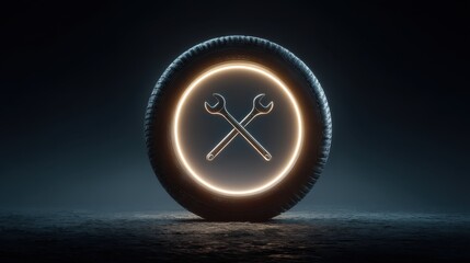 A glowing tire icon features crossed wrenches, symbolizing automotive repair and maintenance in a dark, atmospheric setting.
