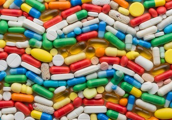 A vibrant display of various colorful pills and capsules, showcasing a multitude of shapes and hues.
