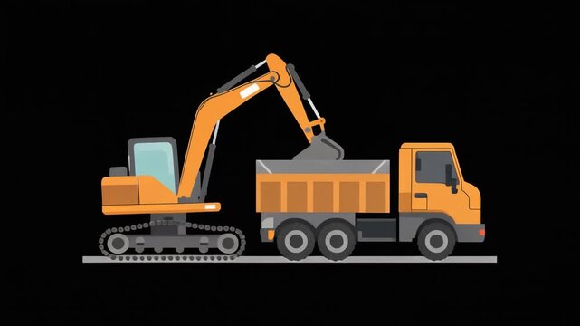 Yellow heavy construction machine excavator and industrial dump truck isolated on white, a vector vehicle for the transport industry. Excavator loading truck,