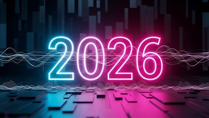Glowing neon numbers 2026 on a futuristic circuit board background with pink and blue lights