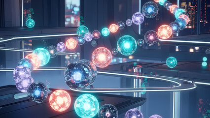 A futuristic digital art piece featuring a swirling DNA-like strand of glowing orbs against a city backdrop.