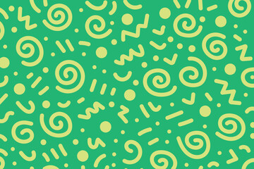 Seamless abstract green background with yellow playful squiggles and shapes, ideal for wallpapers, textiles, packaging, stationery, and modern decorative designs.