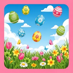 Vibrant spring scene with colorful easter eggs floating above a meadow of flowers and butterflies.