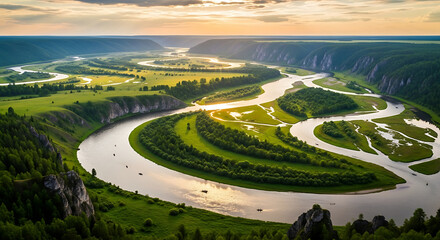 Majestic river winding through a vibrant green valley at sunset
