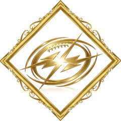 Sophisticated football symbol with abstract ball and lightning motif inside a premium diamond-shaped gold frame