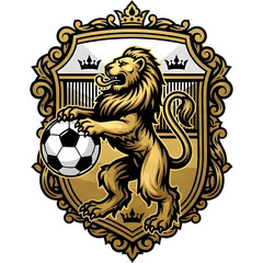 Prestige soccer badge with a strong lion silhouette holding a football inside an ornate royal shield frame, gold & black on white