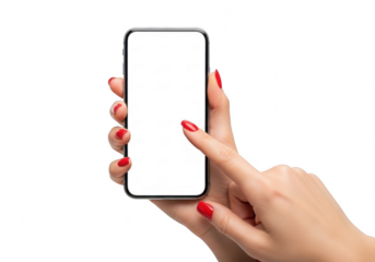 Hand holding a smartphone with blank screen isolated on transparent background
