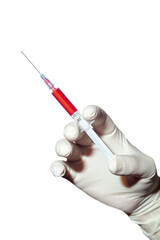 A hand in medical glove holds syringe with red medicine