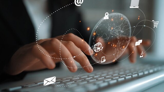 Visualization of global digital communication and online across multiple platforms, including global network, digital network, communication network, and online network. Marrow - Powered by Adobe