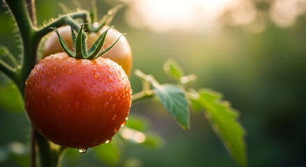 Obraz premium Garden fresh tomatoes glistening with morning dew