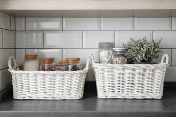 Creative storage solutions for kitchen organization featuring white basket containers filled with various items on a countertop