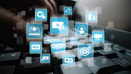 Fototapeta premium The concept of video marketing increases online engagement. This digital strategy uses compelling video marketing to attract and retain a target audience for business growth. Funnel