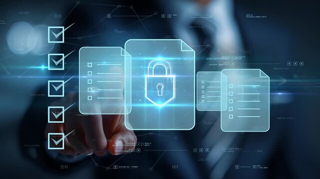 Businessman interacting with screen with holographic security lock icon, illustrating cyber security, data protection and AI technology with checklist interface.