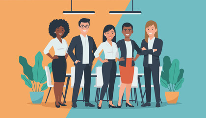 Diverse business team of five standing confidently in a modern office Teamwork and professional success