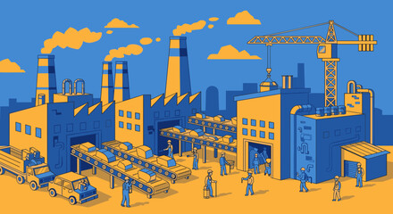 Busy industrial factory scene with workers production lines crane and trucks