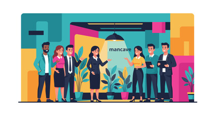 Diverse business team collaborating in a modern colorful office interior Vector illustration