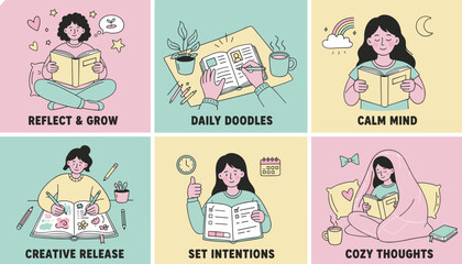 Journaling reading and selfcare routine illustrations for mental health wellness and creative release